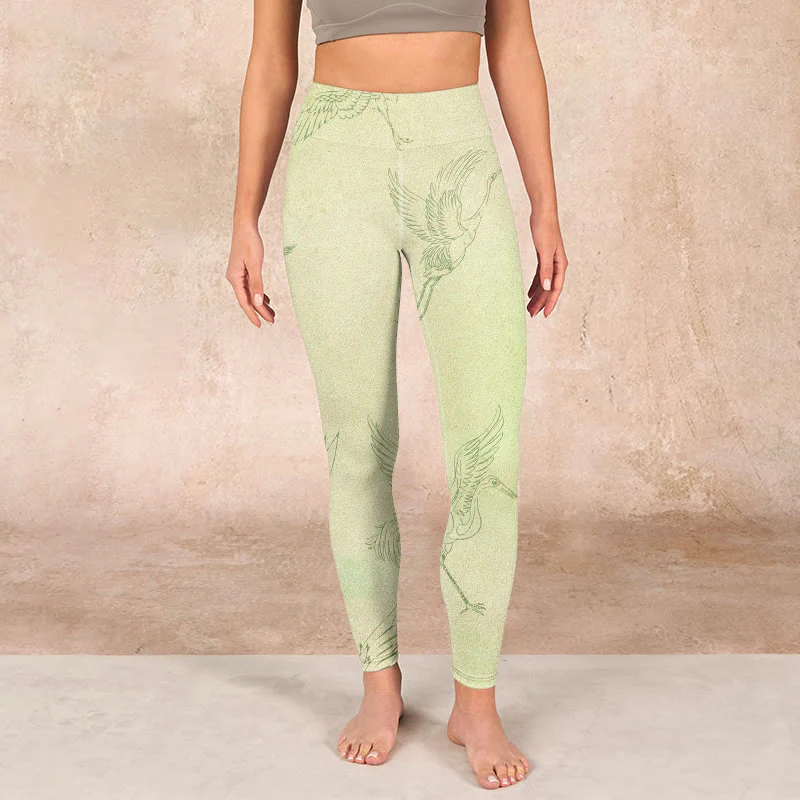 Buddha Stones Light Yellow Crane Print Sports Leggings Women's Yoga Pants