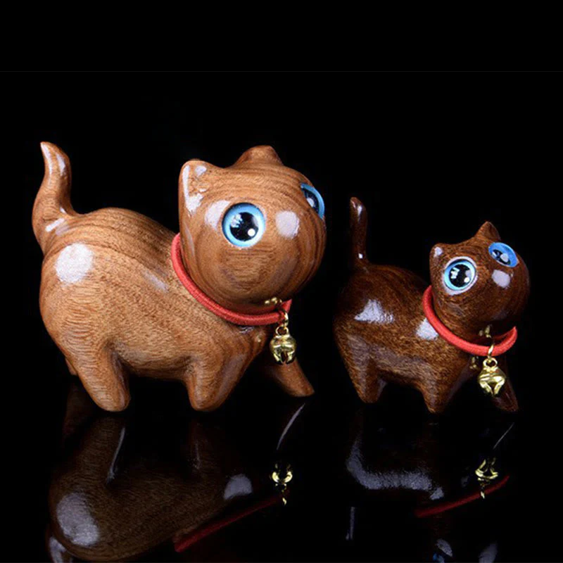 Buddha Stones Rosewood Carving Cat Warmth Home Decoration