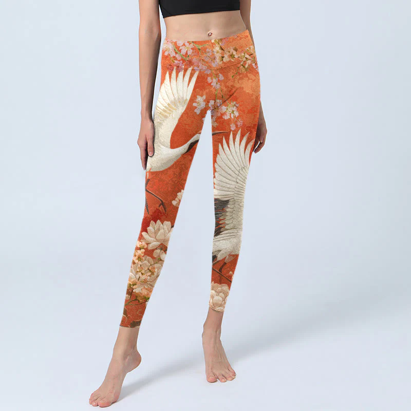 Buddha Stones Red-Crowned Crane Cherry Blossom Lotus Flower Pattern Print Gym Leggings Women's Yoga Pants