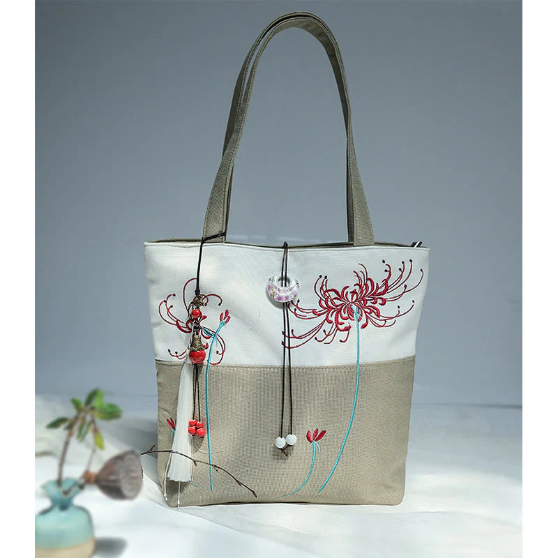 Buddha Stones Pear Flower Plum Peach Blossom Bamboo Embroidery Canvas Large Capacity Shoulder Bag Tote Bag