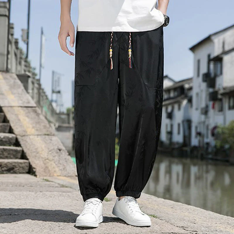 Buddha Stones Summer Ice Silk Jacquard Bamboo Pattern Men's Drawstring Cotton Pants With Pockets