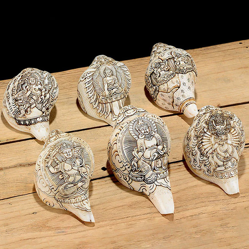 Buddha Stones Tibetan Handmade Engraved Shankha Buddha Avalokitesvara Conch Shell Wealth Decoration