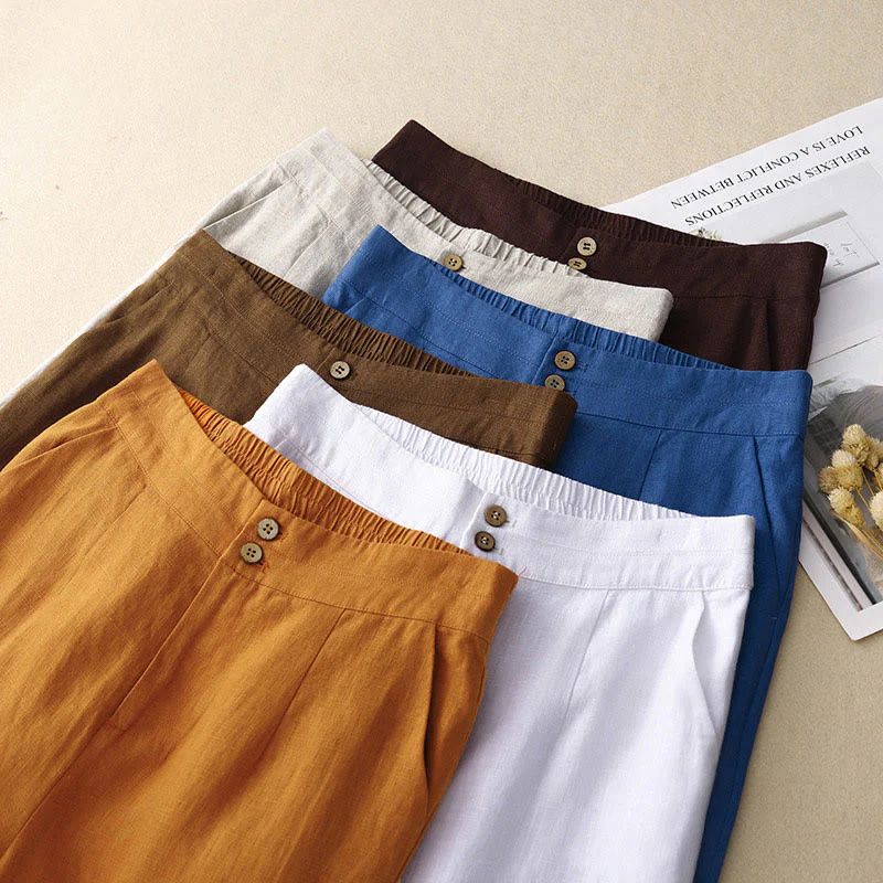 Buddha Stones Summer Casual Simple Design Linen Women's Wide Leg Pants With Zipper Pockets