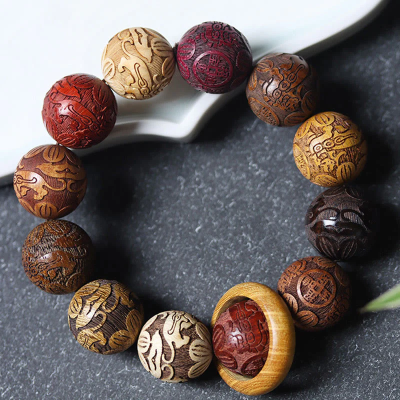 Buddha Stones Carving Sandalwood Chinese Zodiac Auspicious Dragon Phoenix Fu Character Healing Bracelet