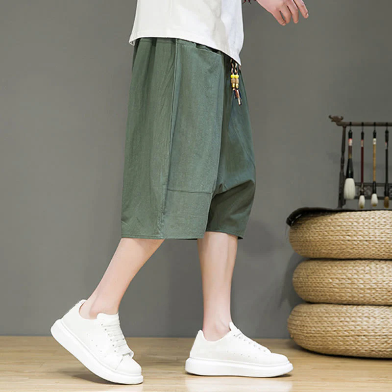Buddha Stones Casual Drawstring Cotton Linen Men's Capri Harem Pants With Pockets