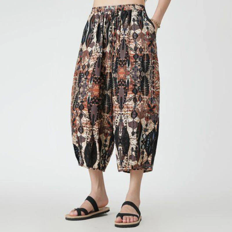 Buddha Stones Summer Square Patchwork Elephant Mandala Geometry Cotton Linen Men's 7-8 Length Pants With Pockets