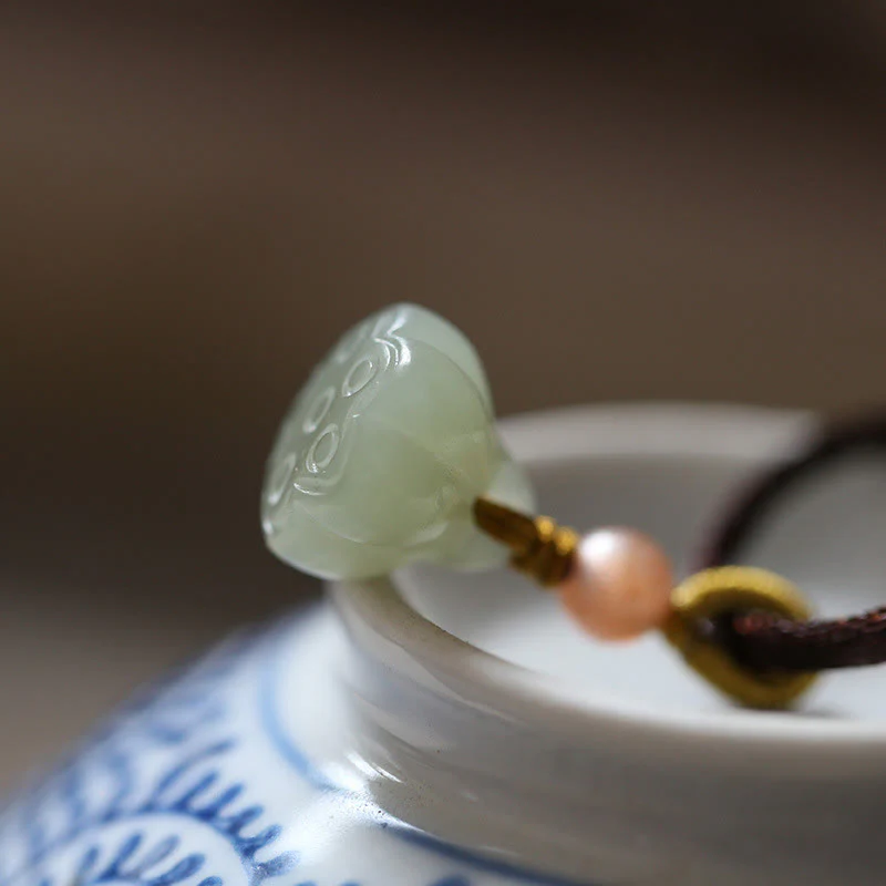 Buddha Stones Natural Round Jade Peace Buckle Lotus Abundance String Necklace Pendant