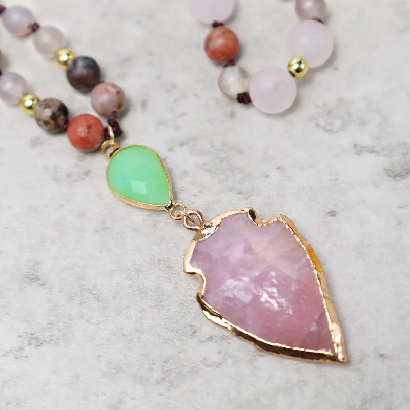 Buddha Stones Natural Rose Quartz Crystal Stone Healing Arrowhead Necklace Pendant