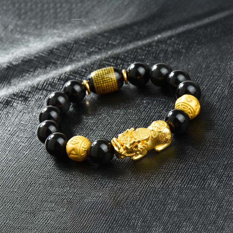 Buddha Stones Fengshui Copper Pixiu Rainbow Obsidian Beads Wealth Bracelet