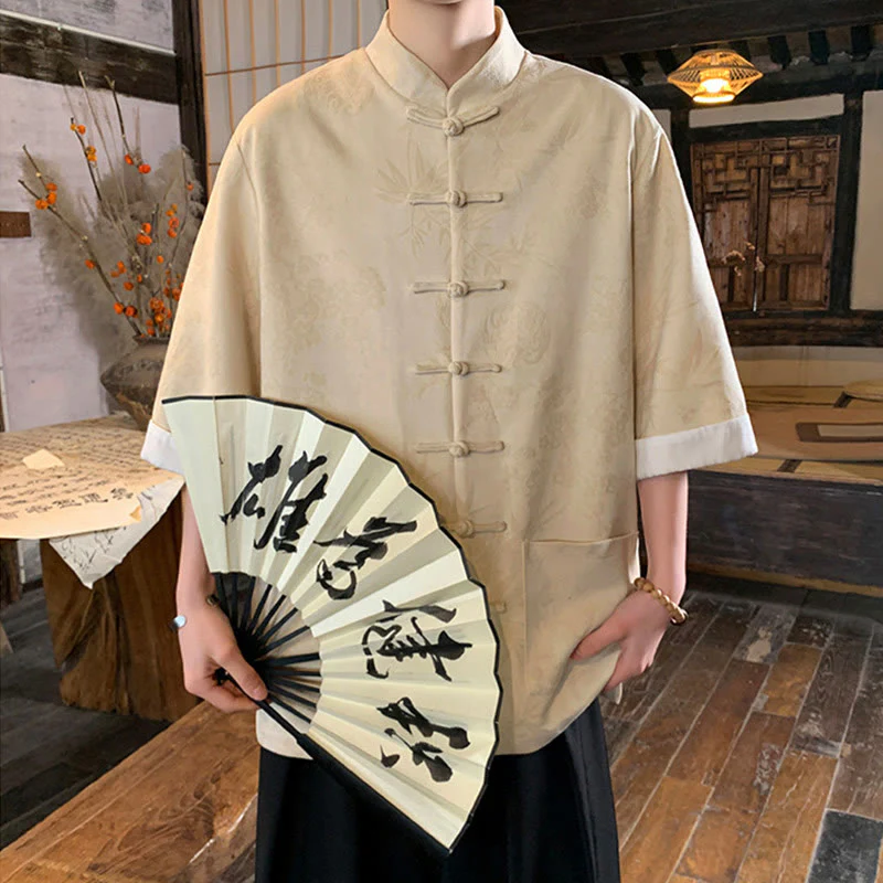 Buddha Stones Jacquard Bamboo Plum Bossom Pattern Chinese Frog-Button Design Men's Half Sleeve Cotton Shirt With Pockets