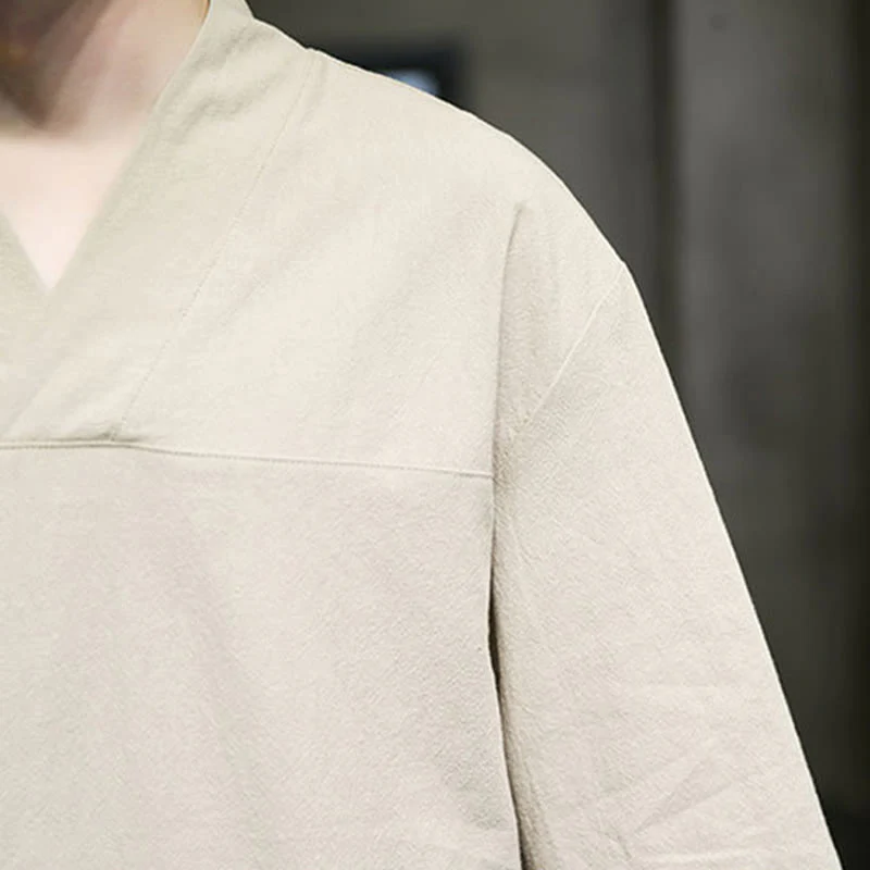 Buddha Stones Summer Casual Simple V-Neck Design Men's Cotton Linen Three Quarter Sleeve T-Shirt With Front Pocket