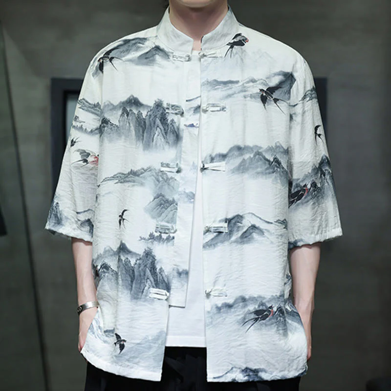 Buddha Stones Ink Painting Mountains Chinese Frog-Button Tang Suit Men's Half Sleeve Cotton Linen Shirt