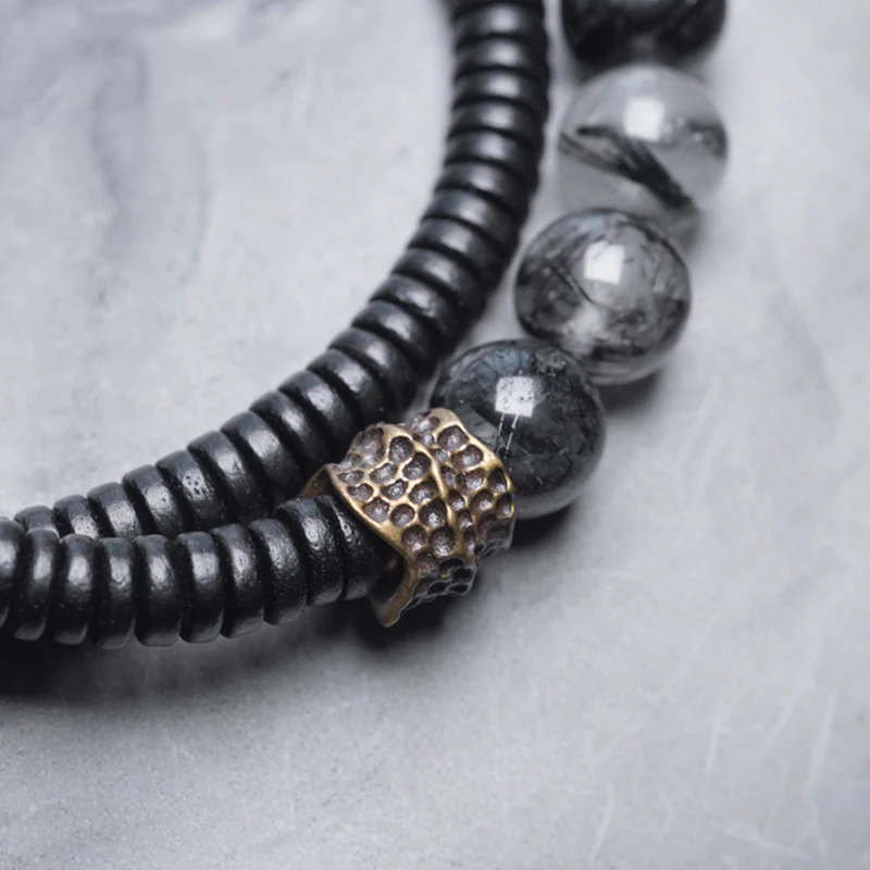 Buddha Stones Black Rutilated Quartz Ebony Wood Copper Wisdom Couple Bracelet