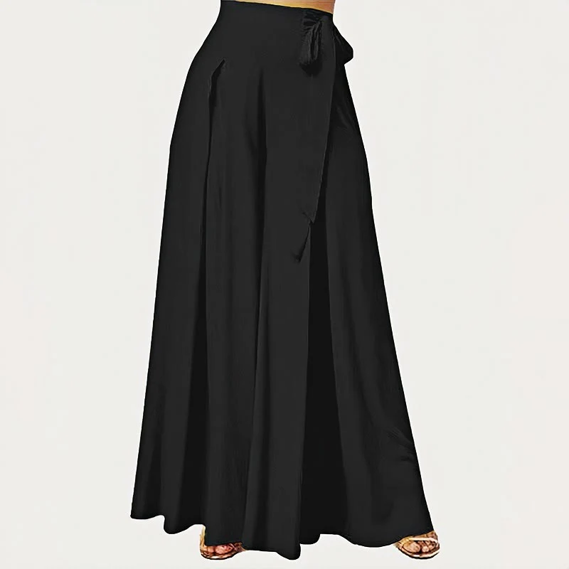 Buddha Stones Spring Casual Retro Plain Drawstring Women's Wide Leg Pants With Pockets