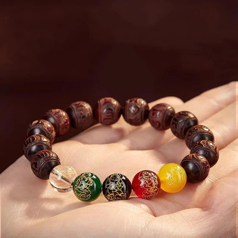 Buddha Stones Small Leaf Red Sandalwood Five Directions Gods of Wealth Calm Bracelet