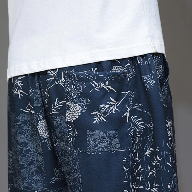 Buddha Stones Summer Bamboo Leaves Flowers Cotton Linen Men's Capri Pants With Pockets