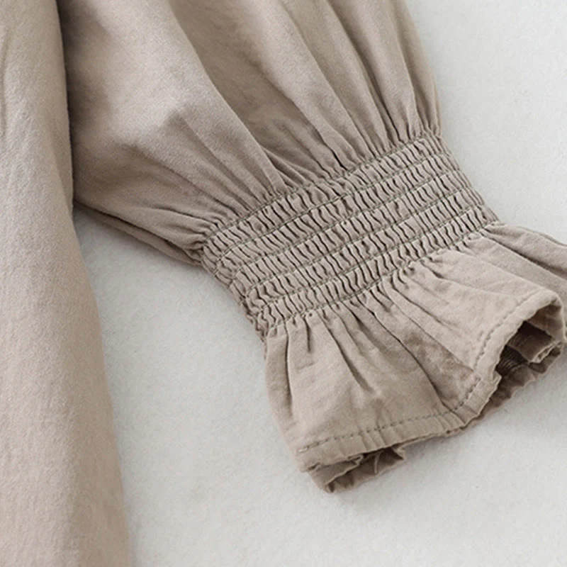 Buddha Stones Casual Ruffled Lace Patchwork Design Puff Sleeve Cotton Midi Dress With Pockets