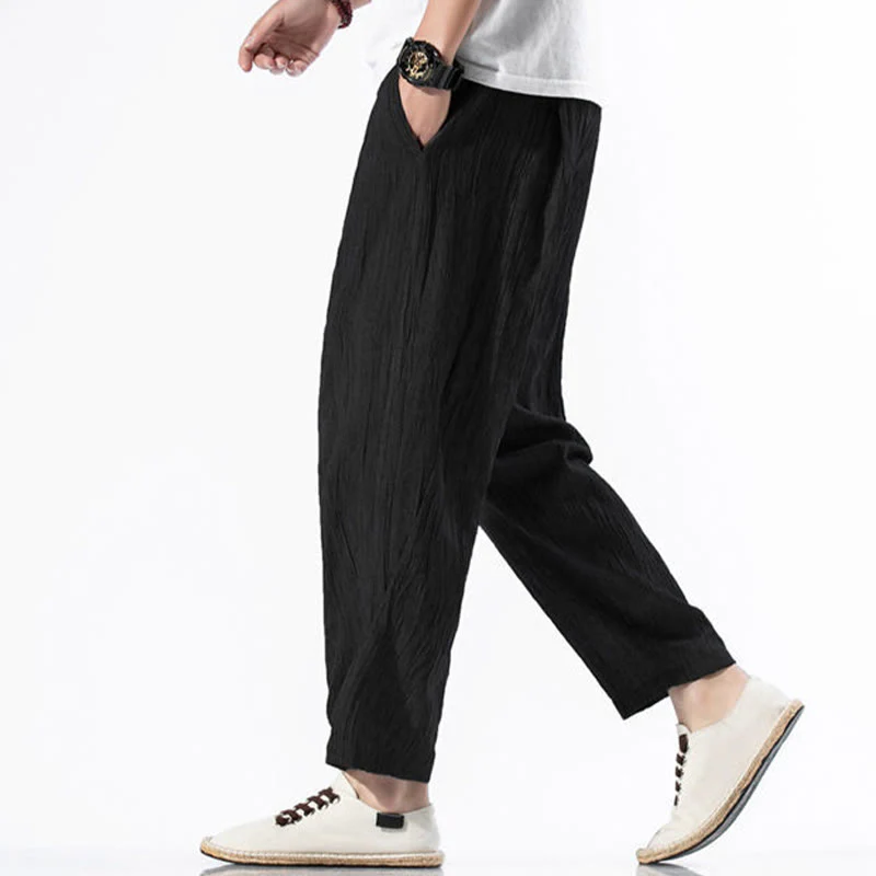 Buddha Stones Casual Plain Pleated Design Drawstring Men's Long Cotton Linen Harem Pants With Pockets