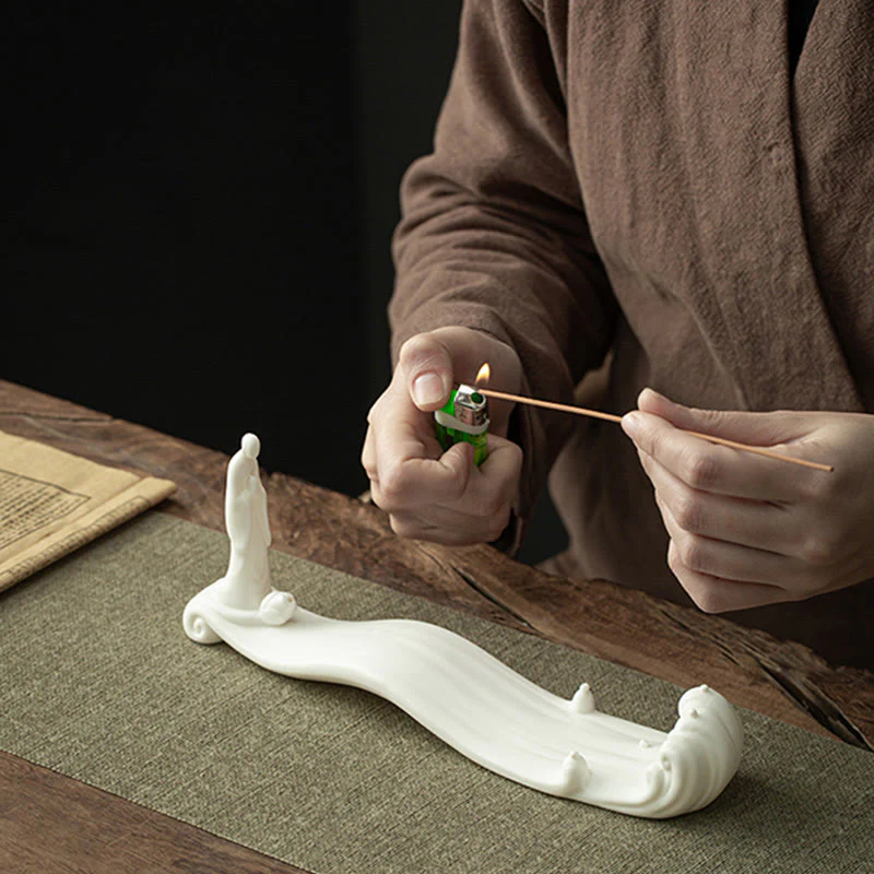 Buddha Stones Buddha Monk Ceramic Sea Wave Mountain Blessing Incense Burner Decoration