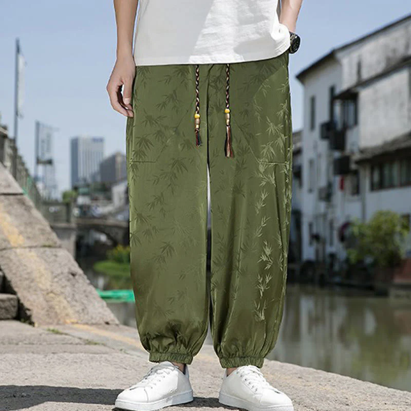 Buddha Stones Summer Ice Silk Jacquard Bamboo Pattern Men's Drawstring Cotton Pants With Pockets