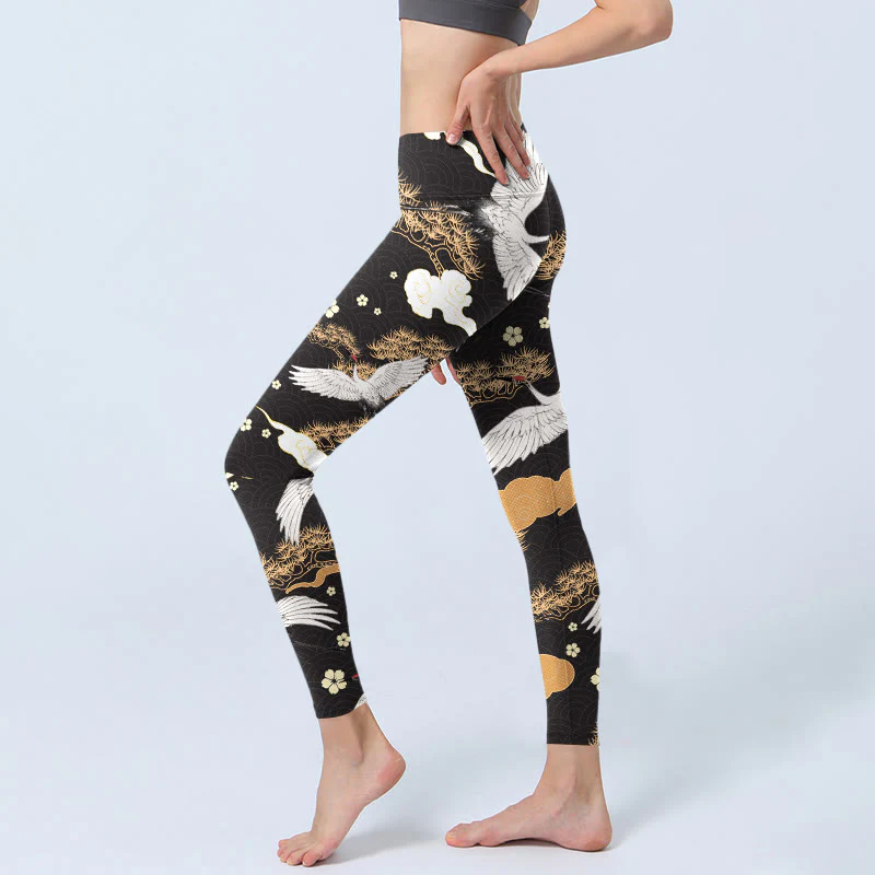 Buddha Stones White Red-crowned Cranes Golden Pine Trees Print Gym Leggings Women's Yoga Pants