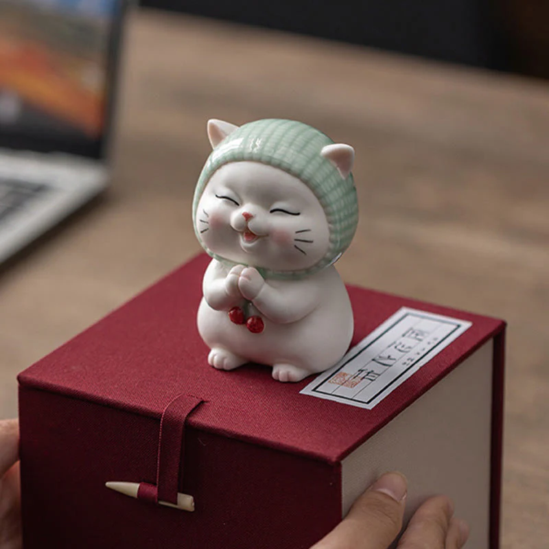 Buddha Stones Lucky Cute Cat In Scarf Ceramic Figurine Decoration