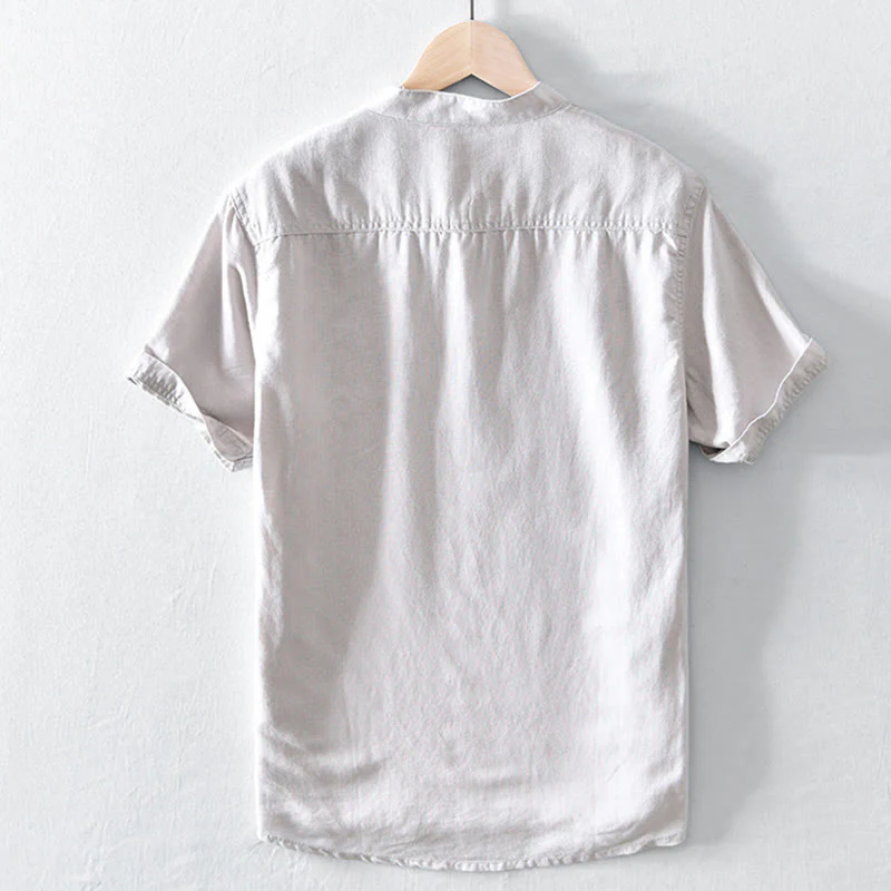 Buddha Stones Casual Solid Color Half Button Design Stand Collar Men's Short Sleeve Cotton Linen Shirt