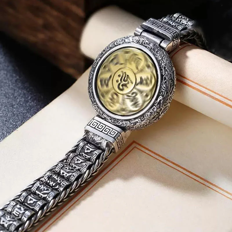 Buddha Stones Tibetan Copper Buckle Om Mani Padme Hum Turntable Rotatable Peace Metal Bracelet