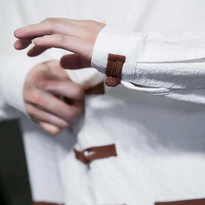 Buddha Stones Men's Stand Collar Frog-button Cotton Linen Long Sleeve Shirt With Pockets