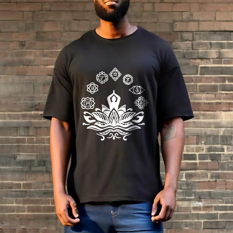 Buddha Stones Casual Meditating Figure Lotus Flower Seven Chakras Pattern Cotton Tee T-Shirt