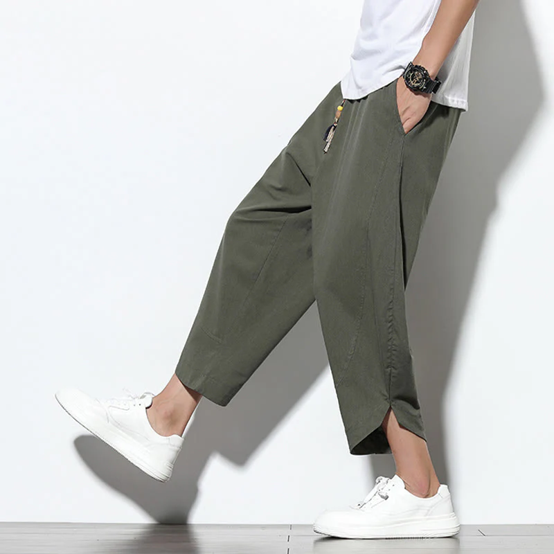 Buddha Stones Casual Summer Drawstring 7-8 Length Linen Men's Harem Pants With Pockets