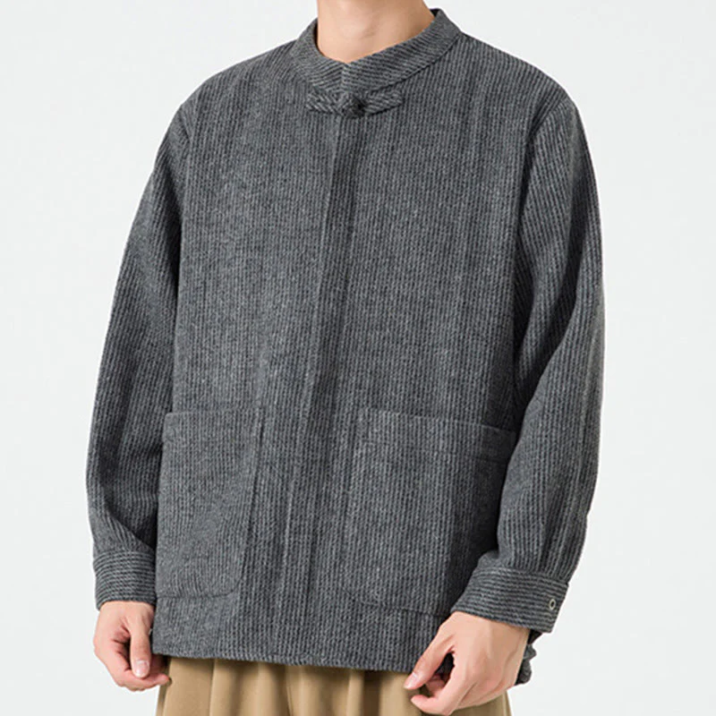 Buddha Stones Long Sleeve Frog-button Design Men's Cotton Jacket Shirt With Pockets