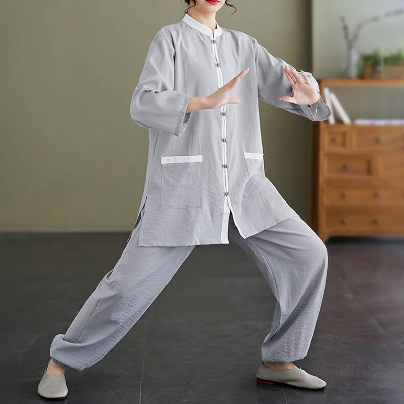 Buddha Stones 2pcs Cotton Tai Chi Shirt Top Pants Meditation Zen Clothing Women's Set