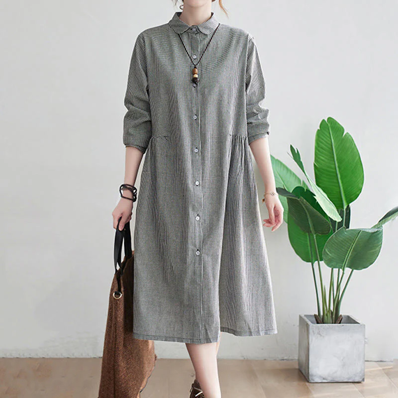 Buddha Stones Small Grid Pattern Cotton Linen Women's Midi Dress With Pockets