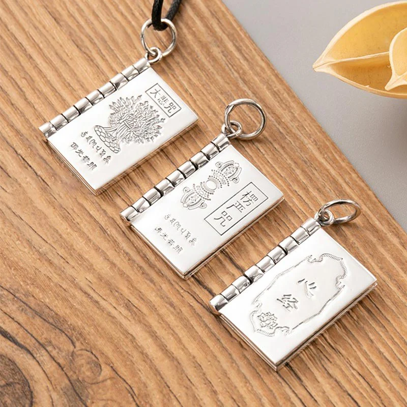 Buddha Stones 990 Sterling Silver Heart Sutra Great Compassion Shurangama Mantra Lotus Vajra Peace Necklace Pendant