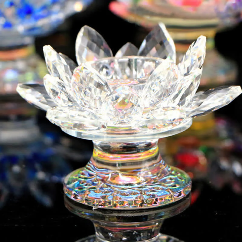 Buddha Stones Lotus Flower Crystal Candle Holder Home Office Offering Decoration