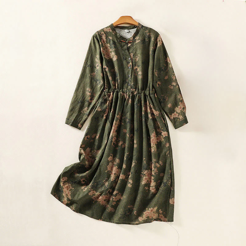 Buddha Stones Casual Printing Drawstring Chinese Frog-Button Cotton Linen Midi Dress With Pockets