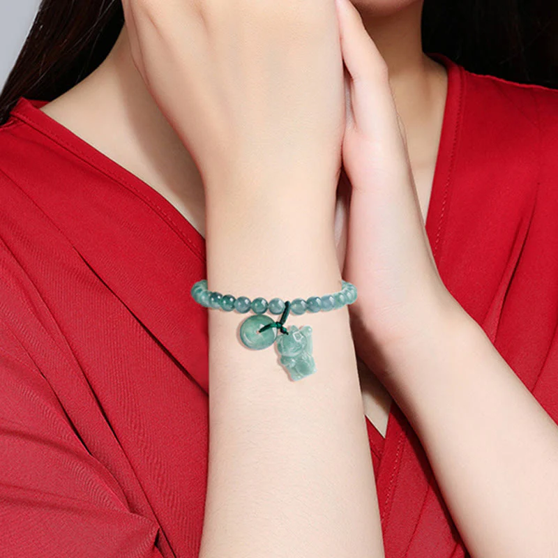 Buddha Stones Blue Jade Peace Buckle Lucky Cat Prosperity Bracelet
