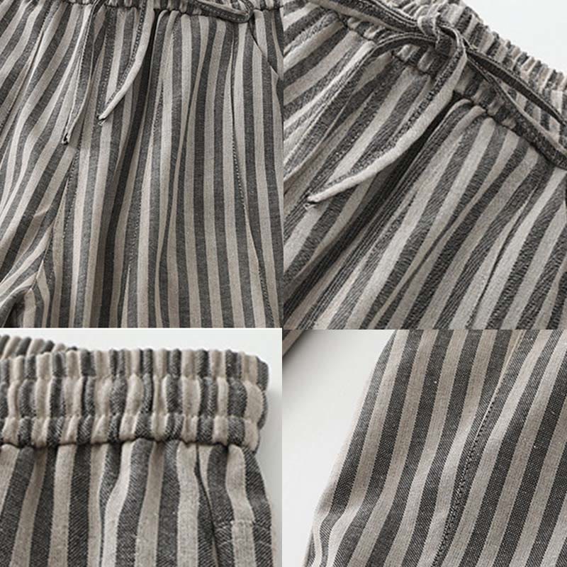 Buddha Stones Commute Striped Drawstring Design Women's Wide Leg Cotton Pants With Pockets