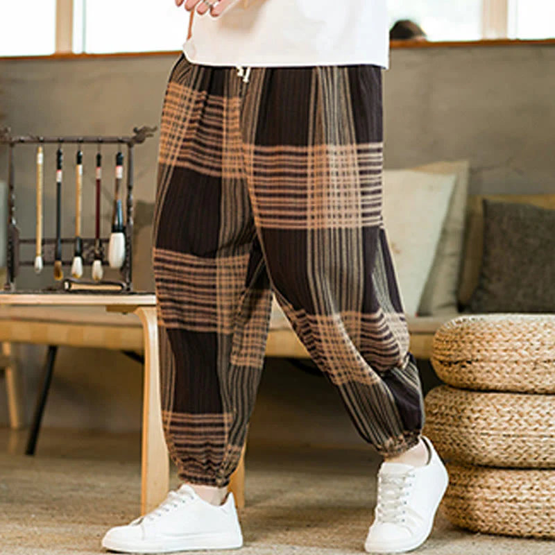 Buddha Stones Summer Checkered Stripes Cotton Linen Men's Harem Pants With Pockets