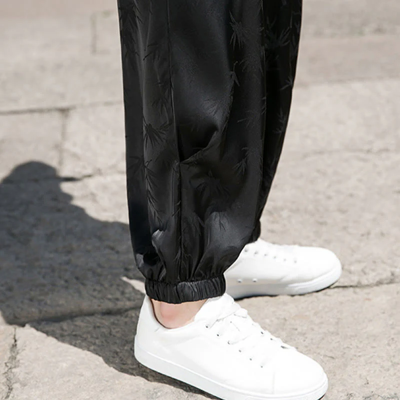 Buddha Stones Summer Ice Silk Jacquard Bamboo Pattern Men's Drawstring Cotton Pants With Pockets