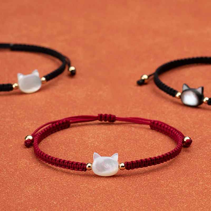 Buddha Stones Faceless Cat Head Red String Shell Connection Bracelet