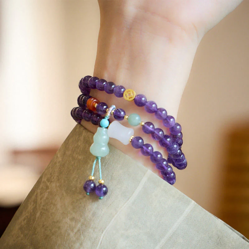 Buddha Stones Natural Amethyst Beads Coin Hanging Gourd Chalcedony Lotus Balance Multi-layer Bracelet
