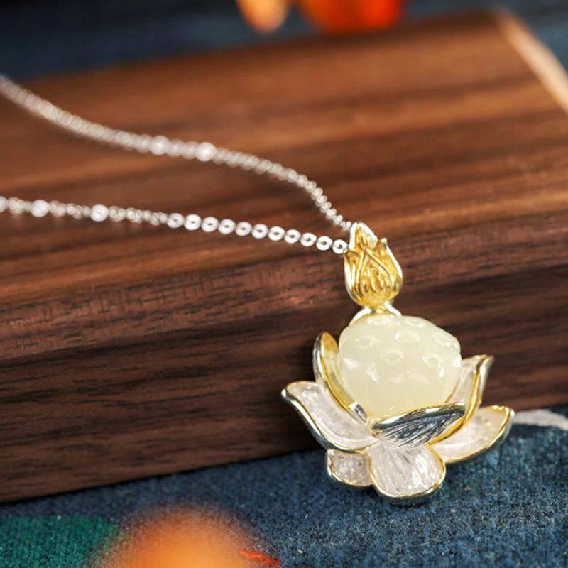 Buddha Stones White Jade Lotus Flower Happiness Necklace