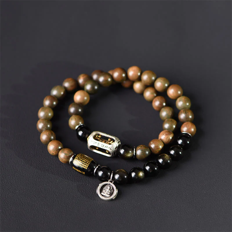 Buddha Stones Tibetan Green Sandalwood Gold Sheen Obsidian Balance Peace Double Wrap Bracelet