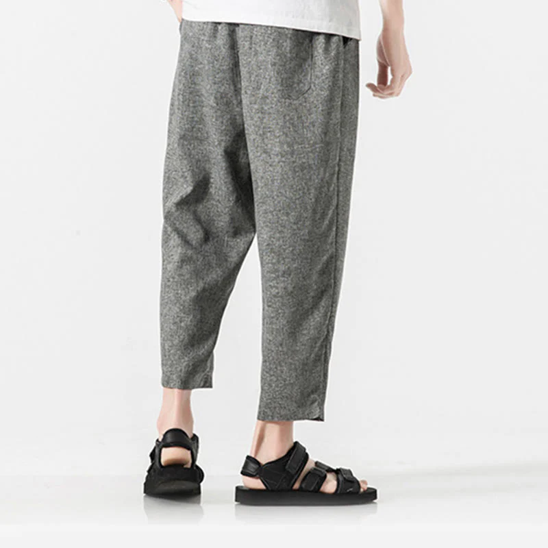 Buddha Stones Summer Plain Men's 7-8 Length Cotton Linen Pants With Pockets