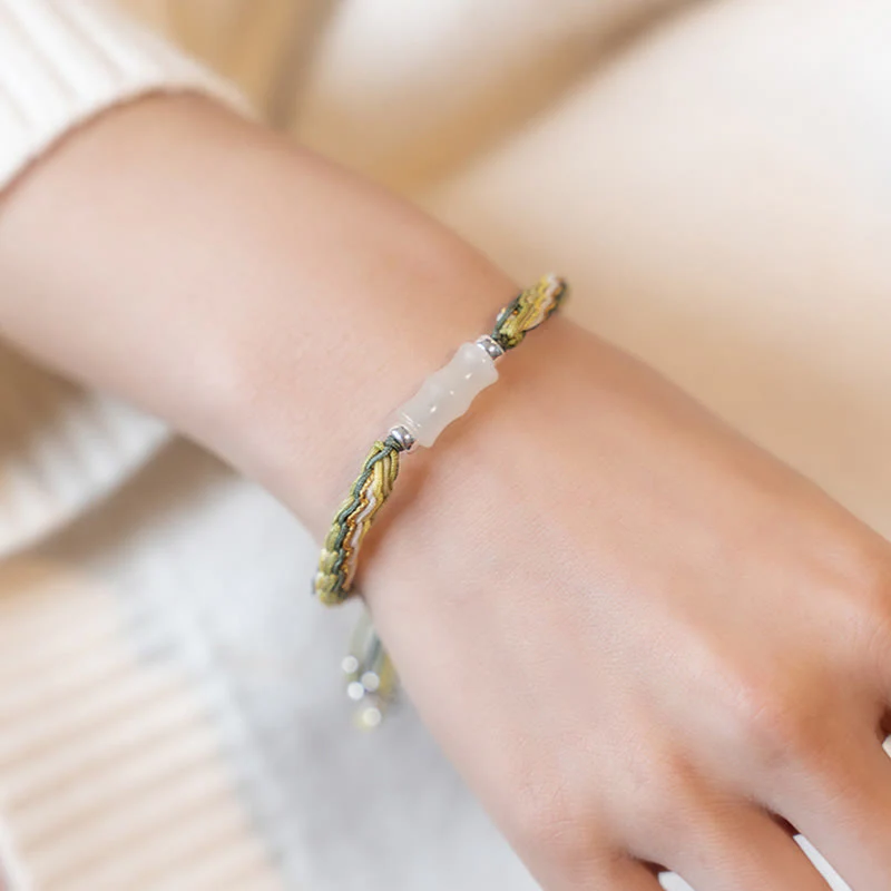 Buddha Stones White Jade Bamboo Reincarnation Knot Wealth Luck Strength String Bracelet