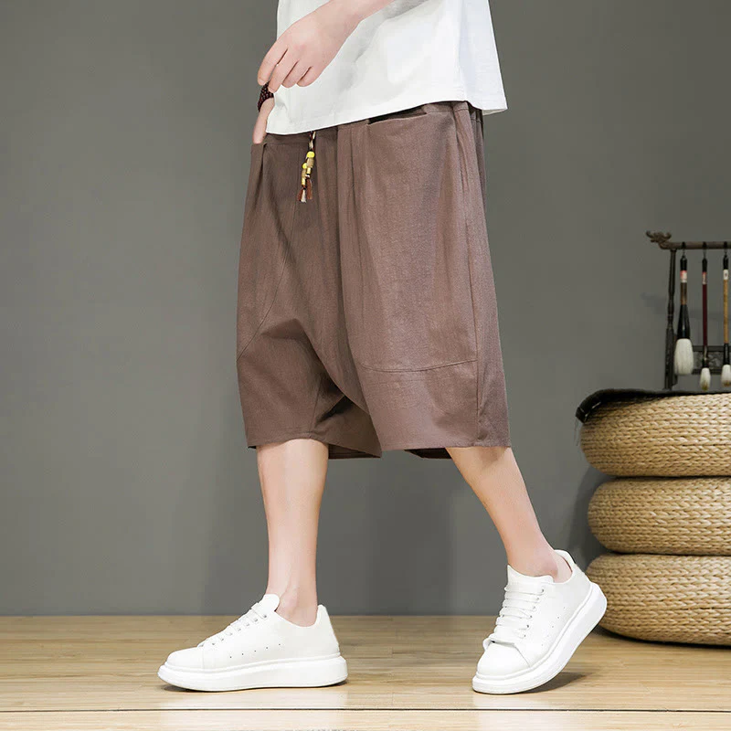 Buddha Stones Casual Drawstring Cotton Linen Men's Capri Harem Pants With Pockets