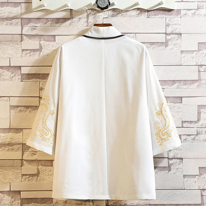 Buddha Stones Embroidery Dragon Phoenix Auspicious Cloud Waves Leaves Cranes Open Front Jacket Men's Kimono