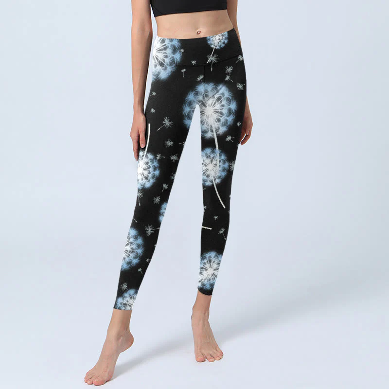 Buddha Stones White Dandelion Pattern Print Gym Leggings Women's Yoga Pants